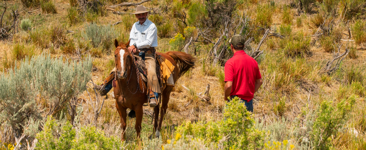 A Game and Fish warden talks with a landowner on horseback