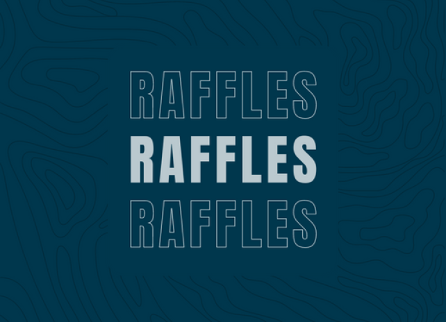 A blue background with topo lines that says, "Raffles."