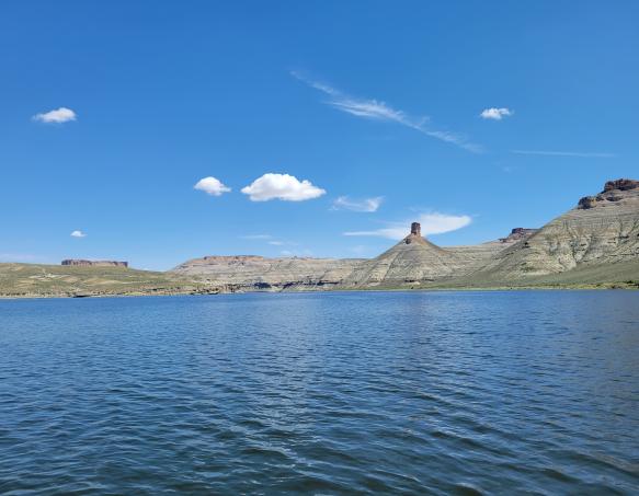 Flaming Gorge Reservoir as seen from Firehole, featuring Chimney Rock