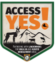 The Wyoming Game and Fish Department's Access Yes logo that says "Access Yes!" and has a graphical scene of a pronghorn, windmill, cow, fish, mountain and habitat. 
