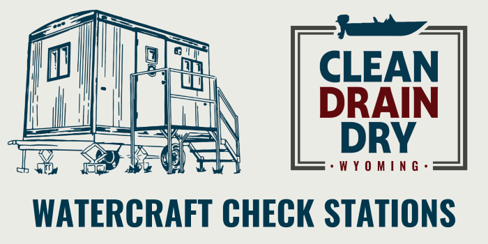 Illustration of the construction-style trailers at watercraft check stations with the "Clean Drain Dry" logo with text that reads "Watercraft Check Stations"