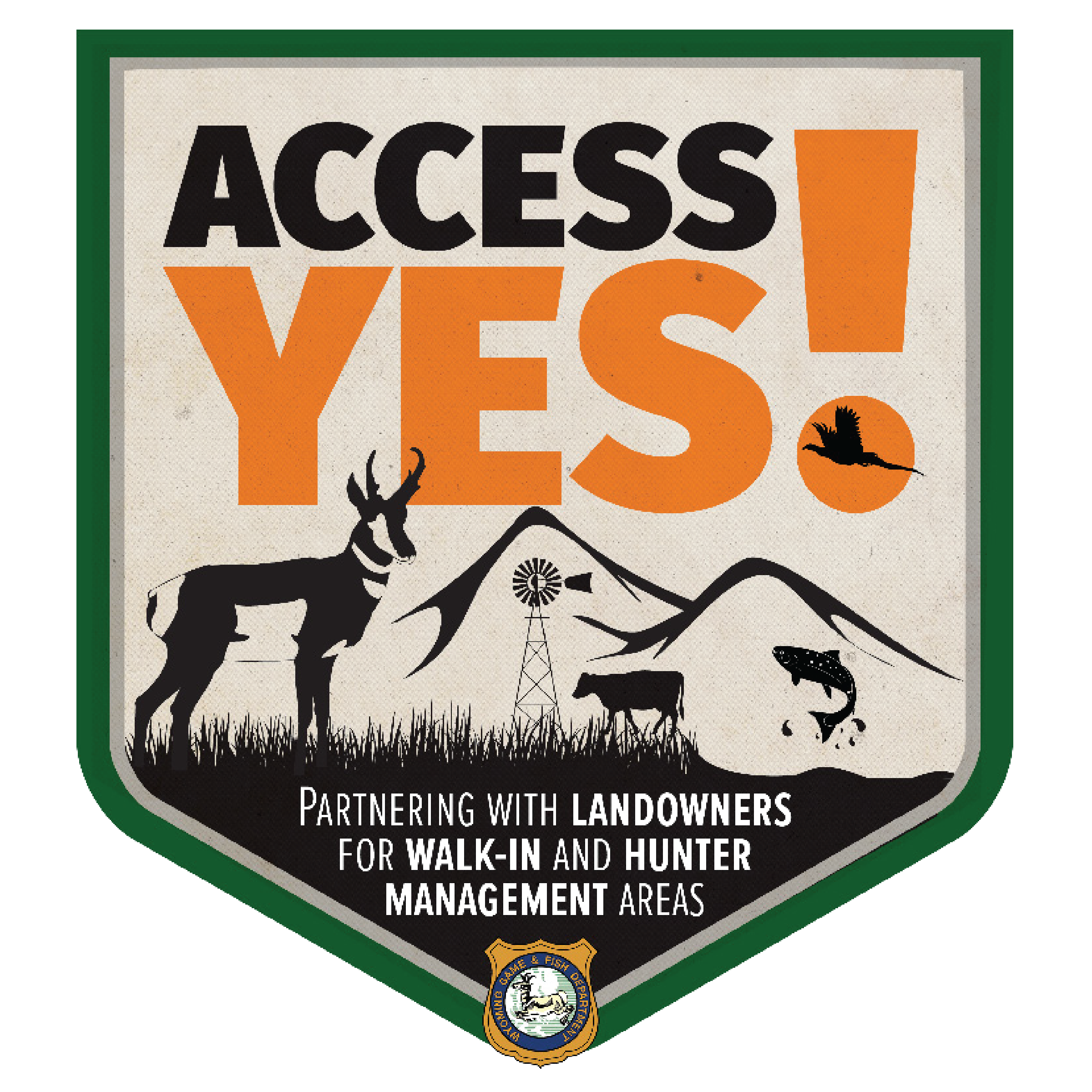 The Wyoming Game and Fish Department's Access Yes logo that says "Access Yes!" and has a graphical scene of a pronghorn, windmill, cow, fish, mountain and habitat. 