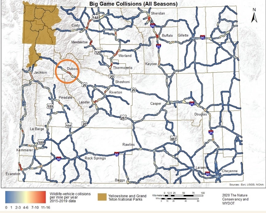 Map of Wyoming showing frequency of where wildlife-vehicle collisions occur
