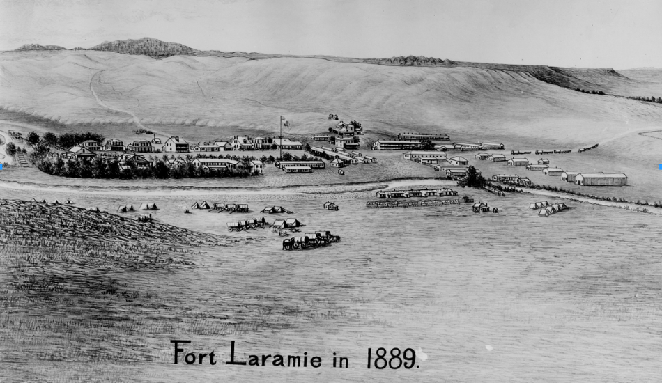 A black and white sketch of the Fort Laramie military post in Wyoming in 1889