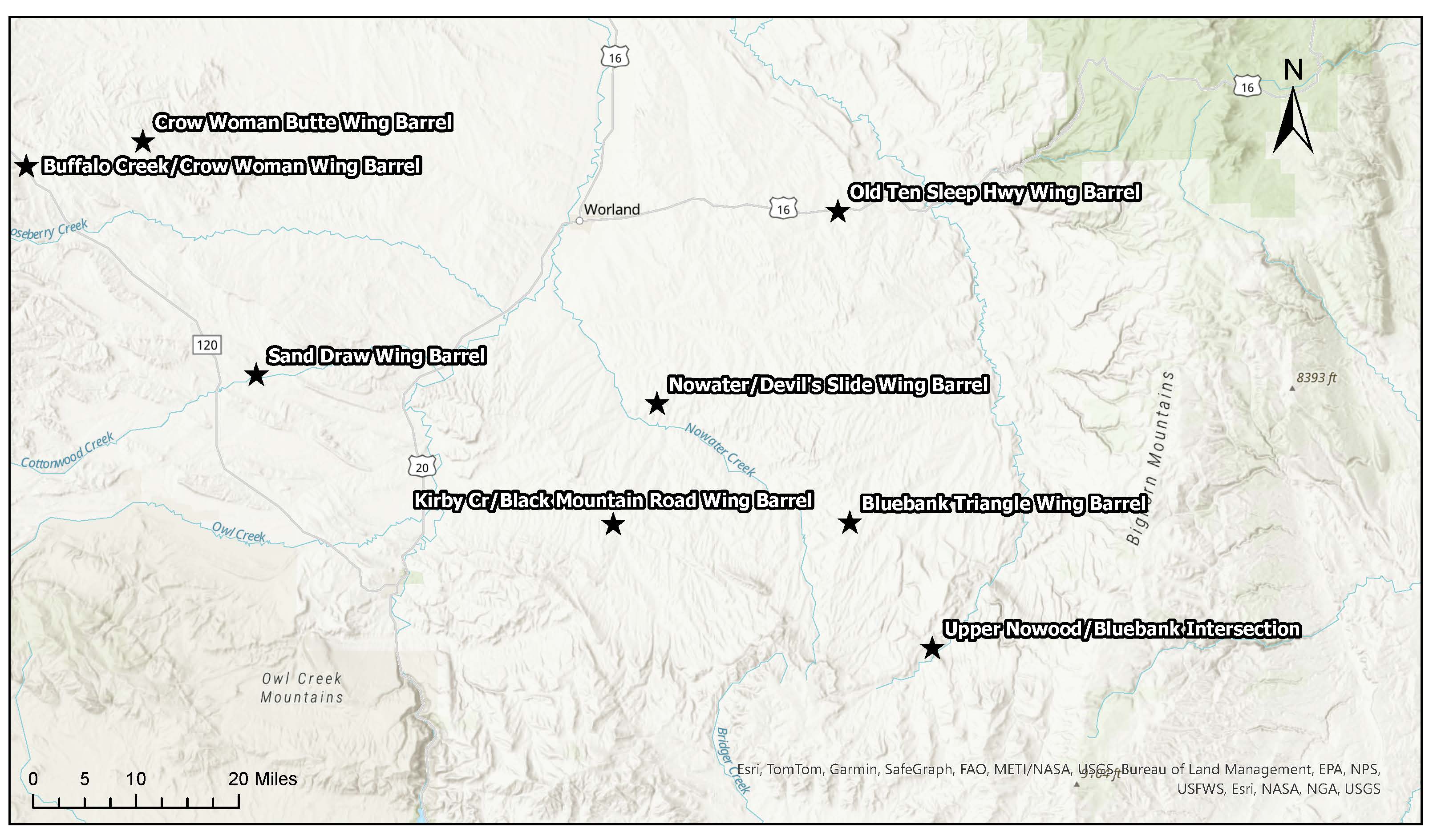 map of wing barrel locations in the Bighorn Basin 