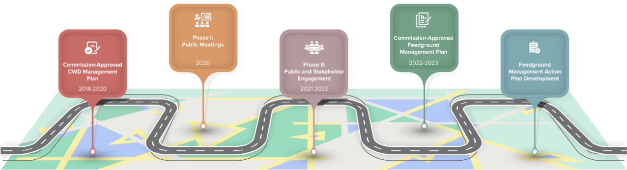 A timeline for the development of the feedground management plan shown along an illustrated road.