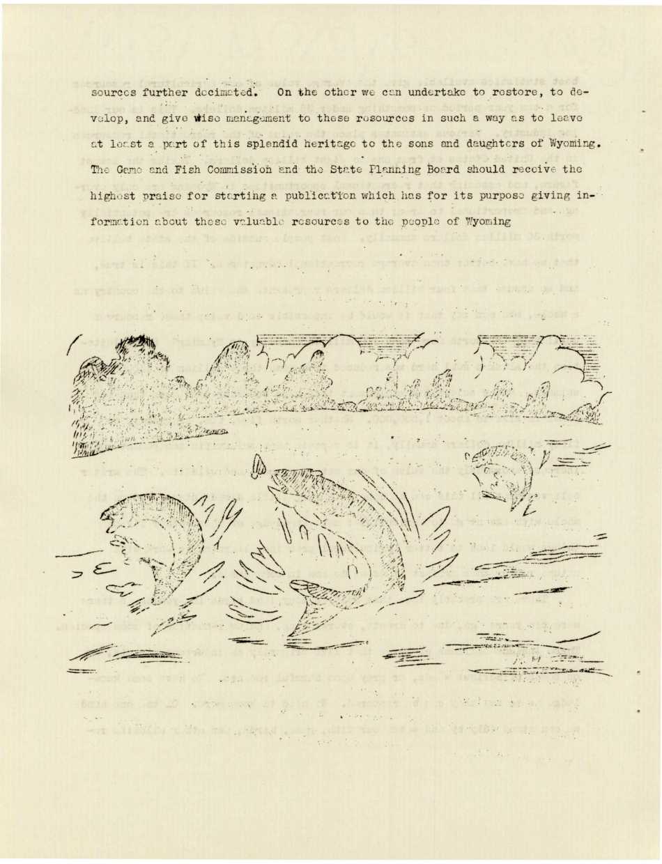 A page of the original issue of Wyoming Wild Life showing an illustration of fish jumping.