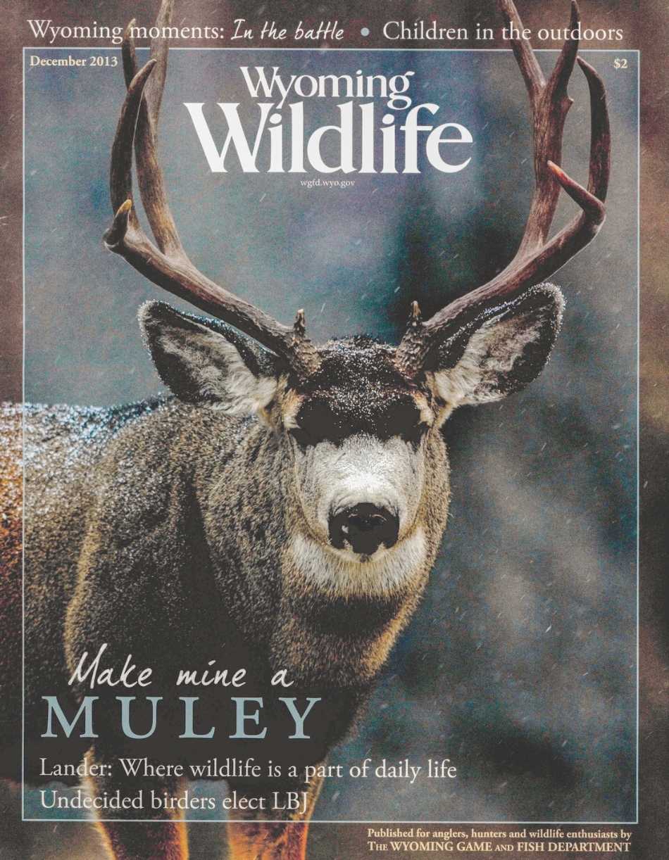 The December 2013 cover of Wyoming Wildlife magazine featuring a photo of a Mule Deer buck and text teasing the feature "Make mine a muley."