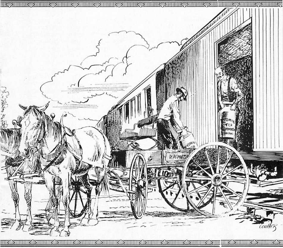A black and white illustration from an early issue of Wyoming Wild Life magazine showing people unloading items from a train car onto a cart pulled by two horses.