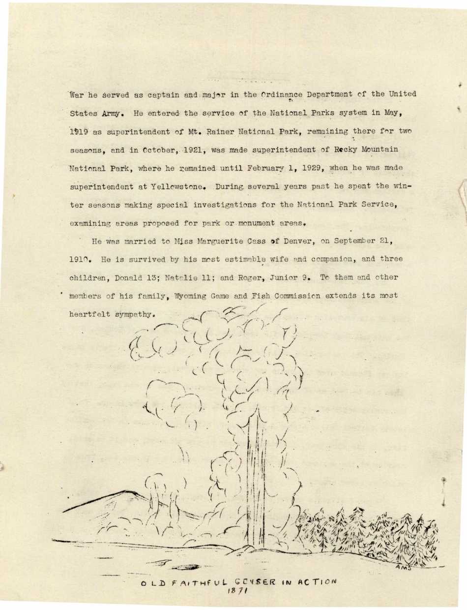 A page of the original issue of Wyoming Wild Life showing an illustration of Old Faithful geyser.