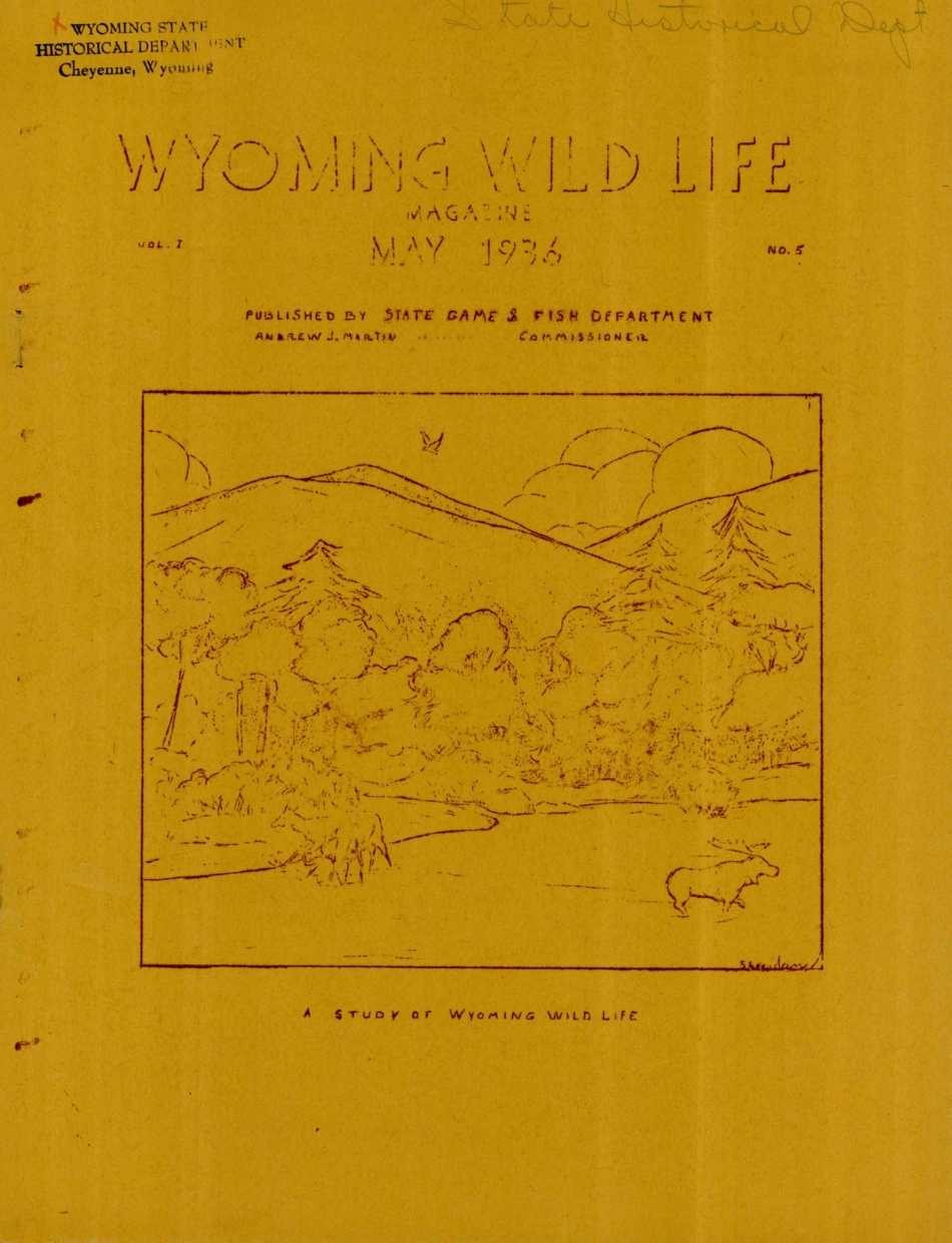 The May 1936 cover of Wyoming Wildlife Magazine featuring a sketch of a moose on yellow construction paper.