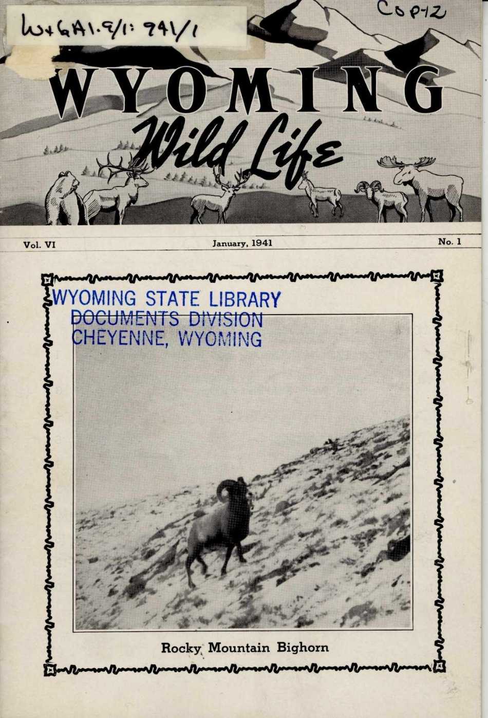 The January 1941 cover of Wyoming Wild Life magazine featuring a black and white "Rocky Mountain Bighorn" photo and illustrated name plate. 