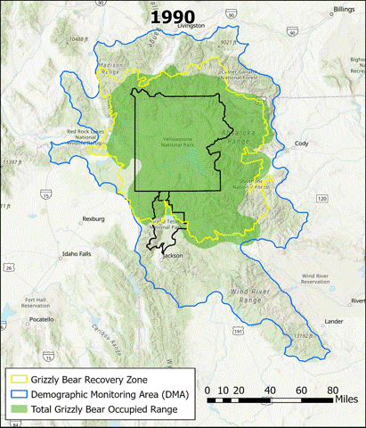 An animated GIF showing the Total Grizzly Bear Occupied Range expanding from 1990 to 2024 beyond the Grizzly Bear Recovery Zone