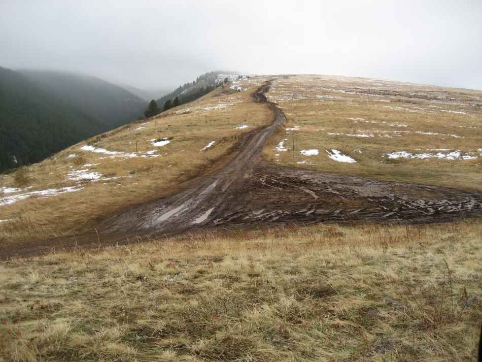A photo of a muddy, rutted, two track road going up a hill into the cloudy horizon in the distance.