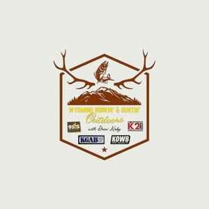 The graphic for the Wyoming Hookin' and Huntin' Outdoors podcast featuring a trout, elk antlers, and a mountain along with radio stations graphics.
