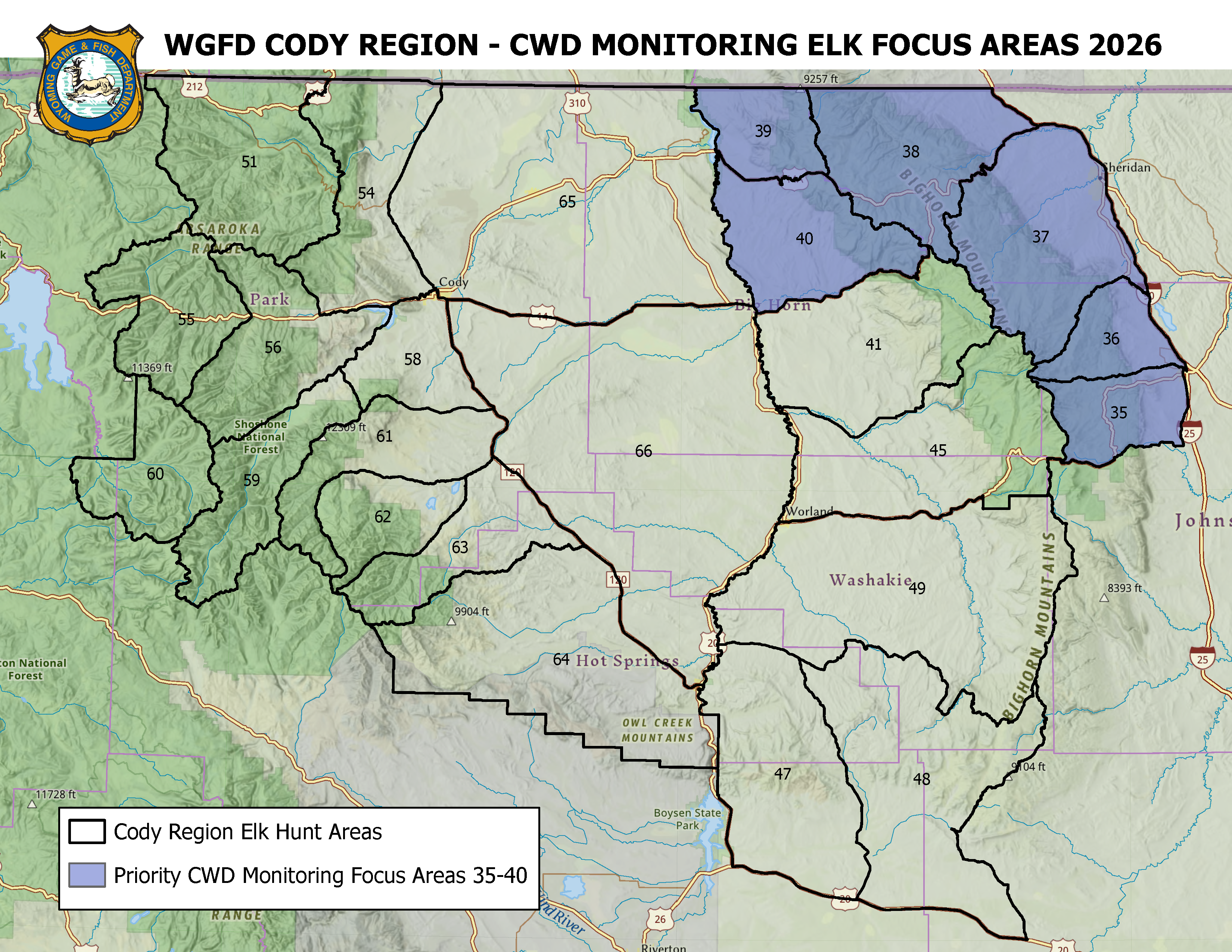 A map of elk hunt areas where Cody area Game and Fish will focus chronic wasting disease sampling. 