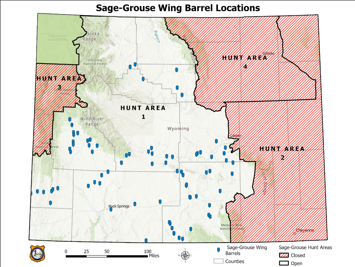 Map of Wyoming's Sage-Grouse wing barrel locations