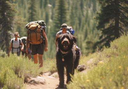Dog on the trail with hikers