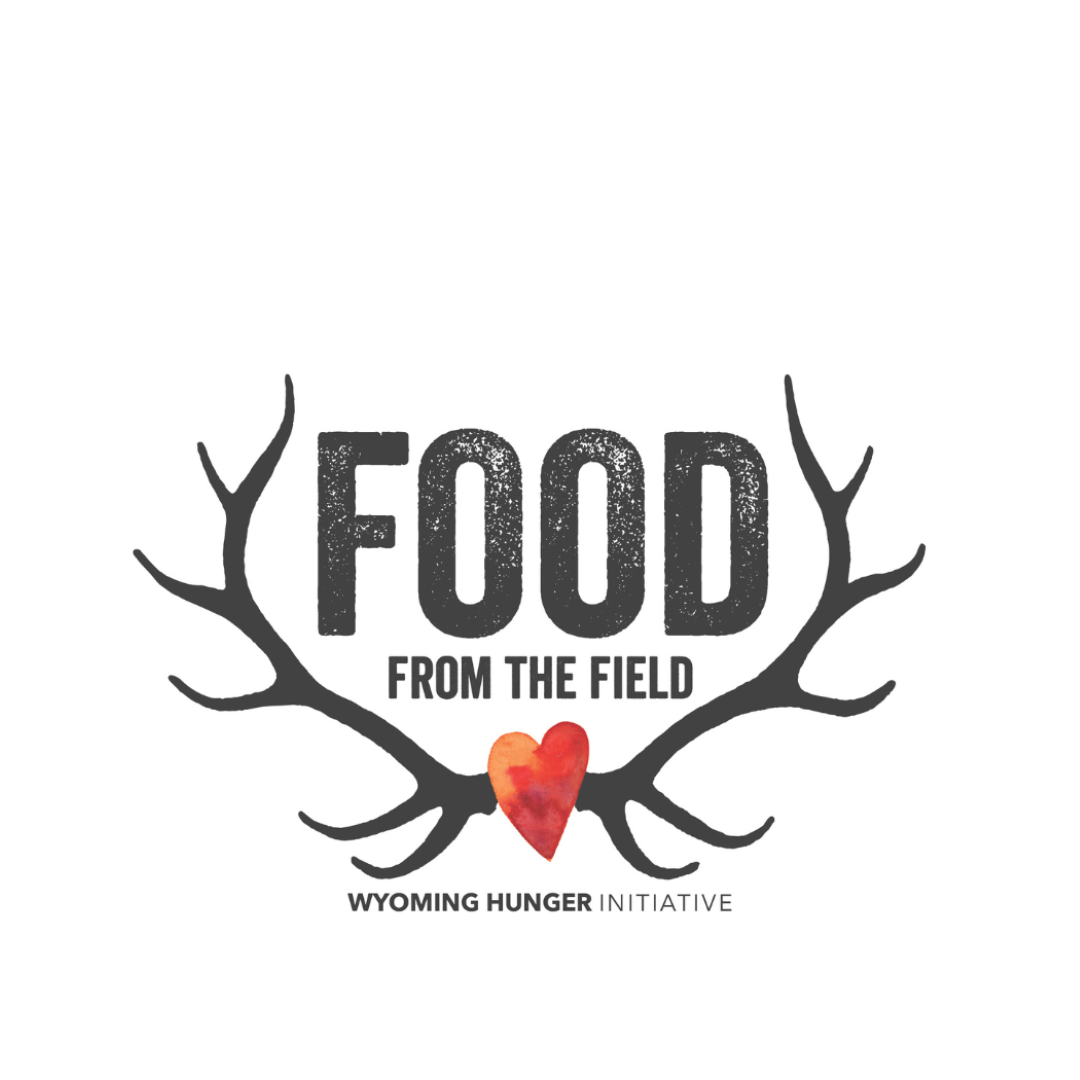 The logo that says, "Food from the Field" in san serif text, with elk antlers connected by a red heart at the bottom. Underneath the antlers it says, "Wyoming Hunger Initiative"