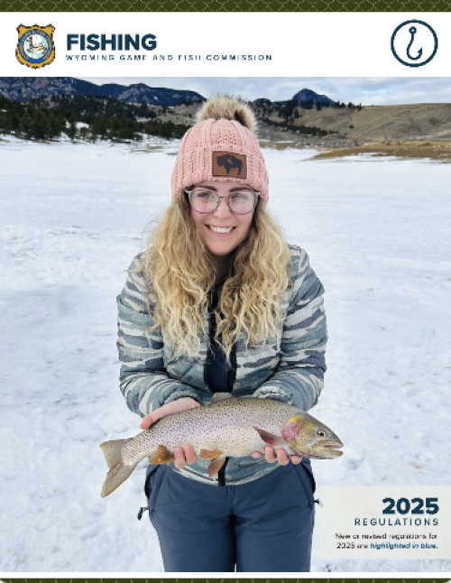 The cover of the 2025 Wyoming Fishing Regulation Brochure featuring woman holding a trout.