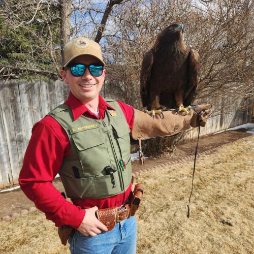 Game warden Zach Bernhardt holding a golden eagle