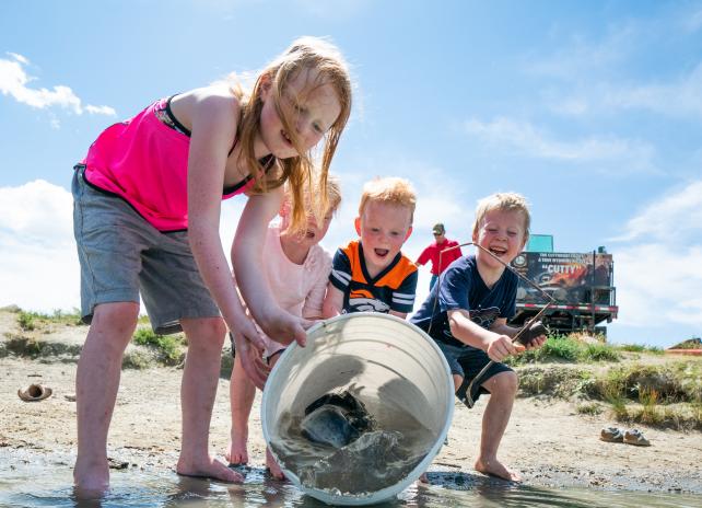 Four kids work with a Game and Fish employee to help dump a bucket of catfish into Yesness pond in Casper, Wyoming. A fish distribution truck is in the background.