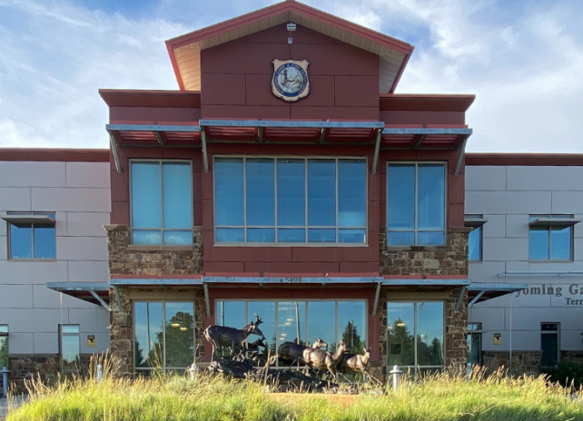 The front entrance of the Wyoming Game and Fish Department's Cheyenne Headquarters