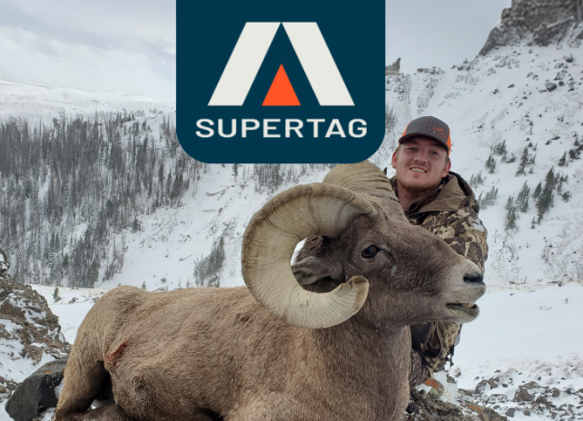 A previous Super Tag winner posing on a rocky mountainside with his harvested bighorn sheep.