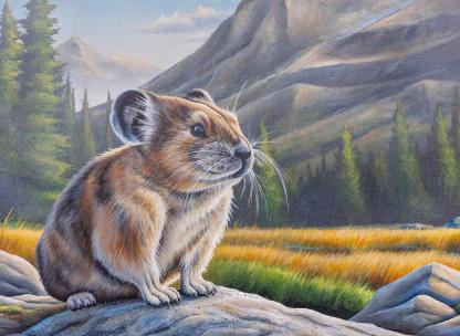 American Pika An American Pika on a rock with trees and mountain peaks in the background of the painting.