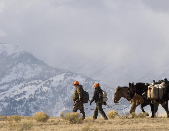 hunters leading pack horses