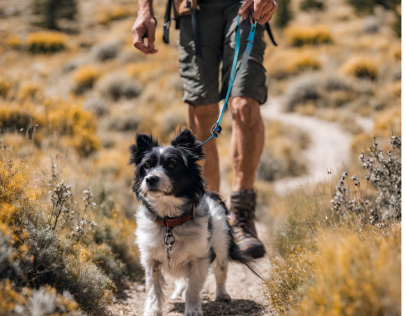 Leashed dog and owner hiking on trail