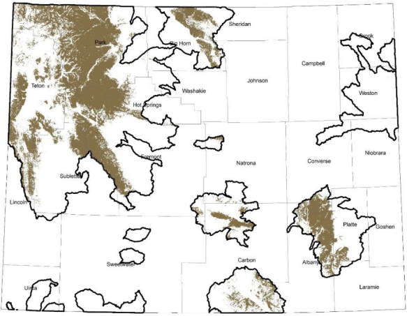 Bighorn Sheep Distribution Map A map showing the distribution of bighorn sheep in Wyoming. Most of Wyoming's bighorn sheep are shown in the northwest portion of the state.