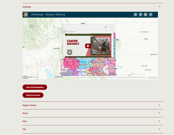 An example of the interactive map with a season setting proposal video thumbnail showing for the Casper biologist district. The video thumbnail features a buck mule deer.