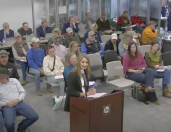 Game and Fish Director Angi Bruce addresses the commission from a podium at the April 2025 commission meeting