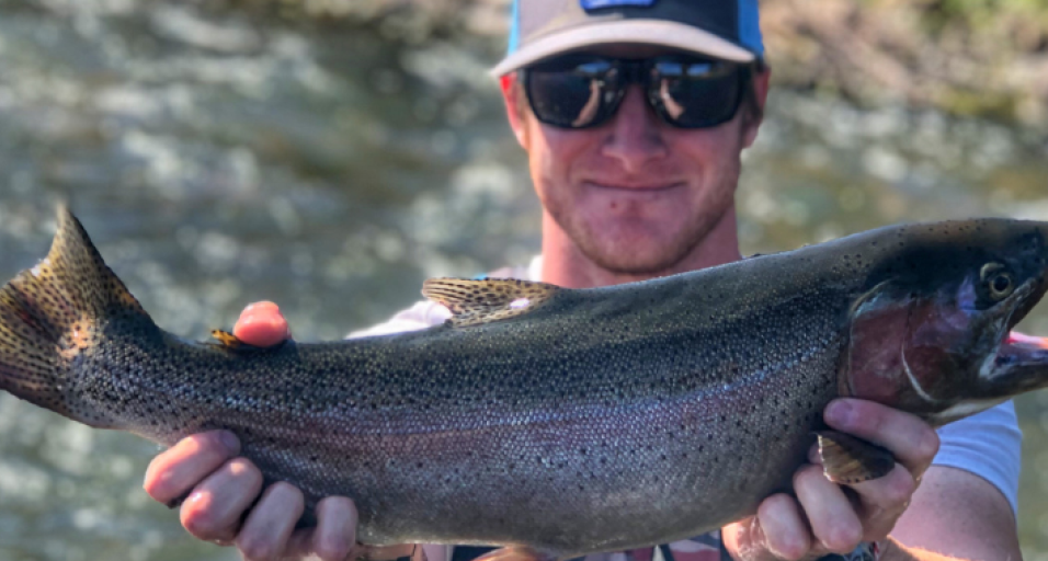 Male angler holds a large rainbow trout for a photo