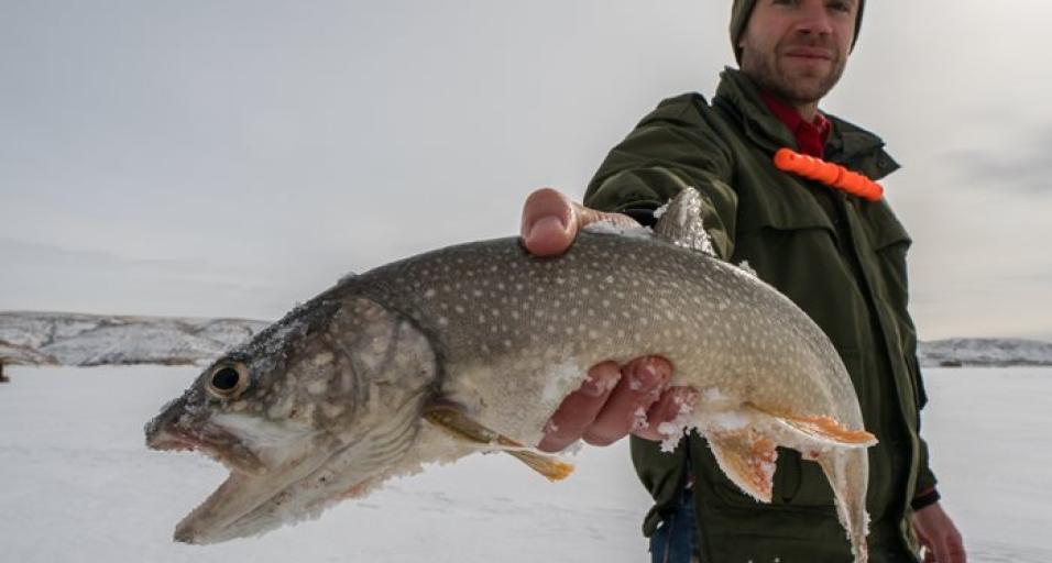 Man holding fish caught while ice fishing on Flaming Gorge Reservoir