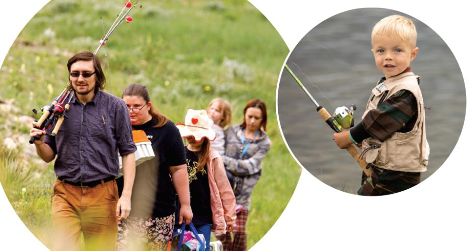 Two photos cropped into a circle on a white background. One photo has a family of five carrying fishing rods, tackle, and gear. The other photo features a very young boy in a fishing vest, holding a fishing rod and smiling for the photo.