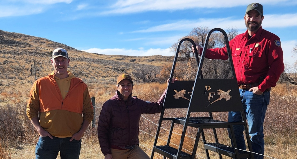 From left to right: Pheasants Forever Board Member Brian Freed, Pheasants Forever Coordinating Wildlife Biologist Linette Sutphin and Wyoming Game and Fish Sheridan Region Access Yes Coordinator Troy Tobiasson.