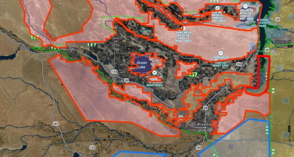 Aerial map of 2025 mule deer capture areas near Riverton, Wyoming