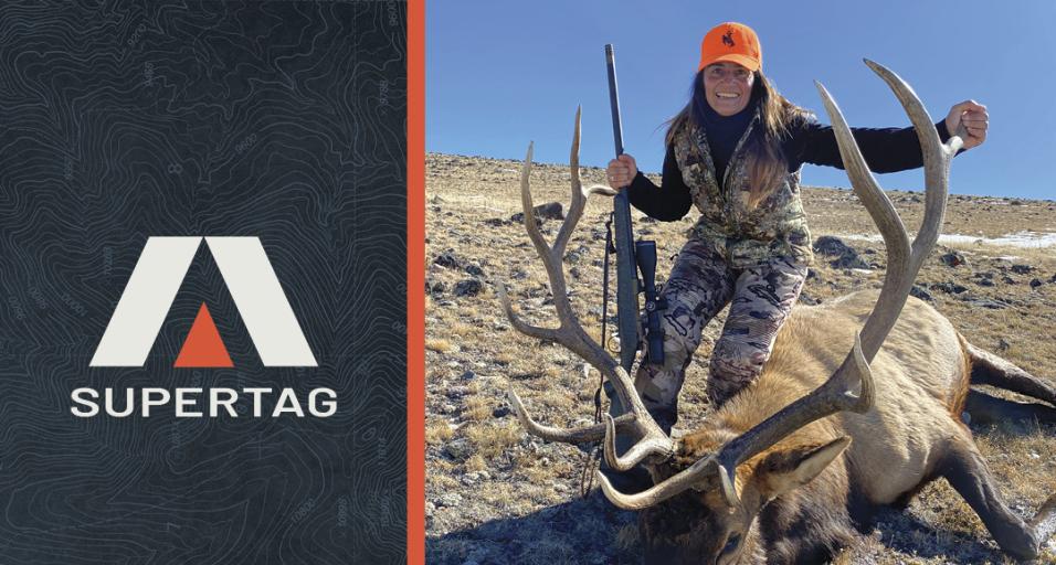 Super Tag Logo with hunter posing with harvested bull elk.