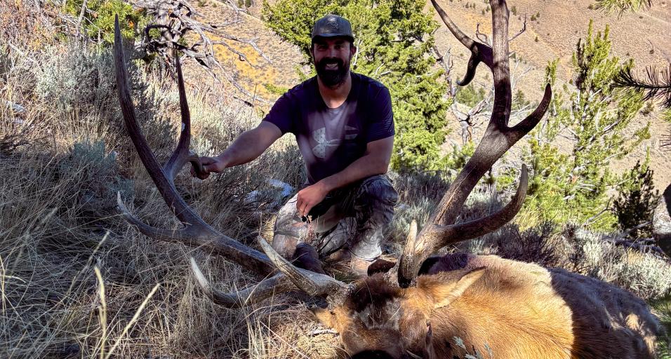 2025 Super Tag trifecta winner Nathan Miller poses with a bull elk he harvested in a previous hunting season.