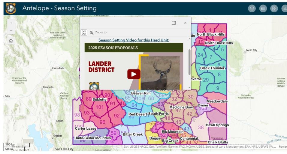Sample image from the new interactive season setting map on Game and Fish website.
