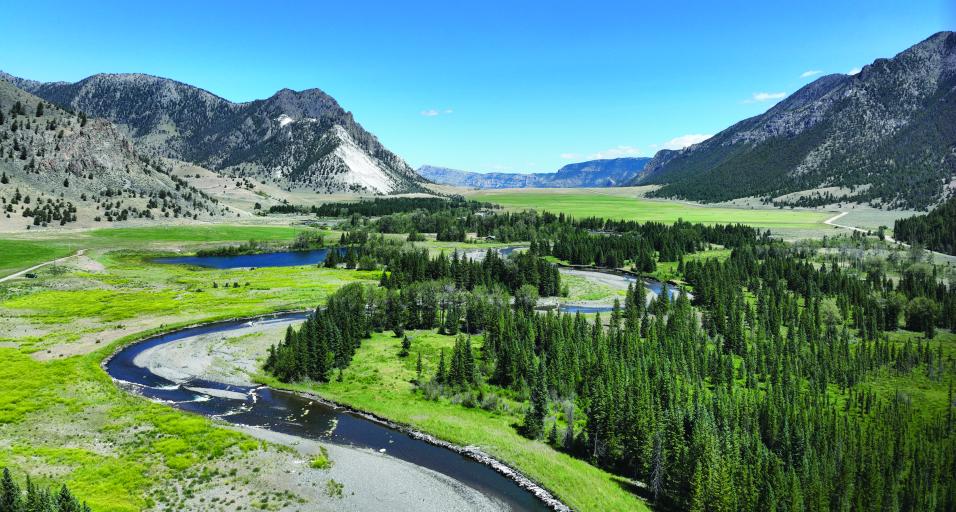 An aerial view of the Sunlight Creek stream and riparian restoration project in the Cody Region.