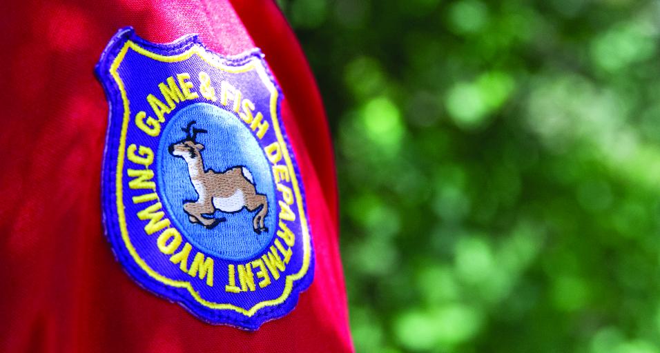 A photo of the patch on the shoulder of a Game and Fish Employee's uniform in front of green foliage in the background.