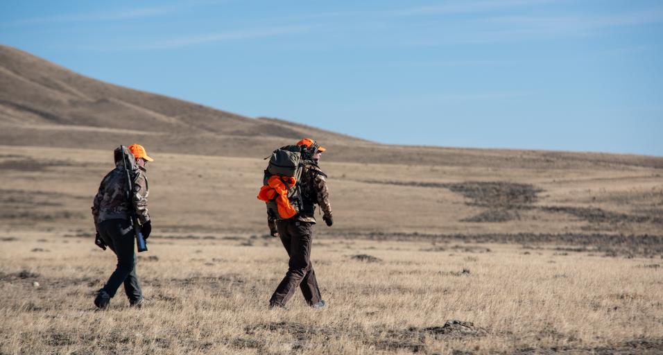 Hunters walking across landscape in Wyoming.