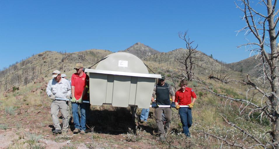 Four people carrying a large gray container through a hilly area with dry brush and a couple dead trees.
