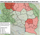 A map depicting hunt areas for deer that are focus areas and mandatory areas for chronic wasting disease sampling. 
