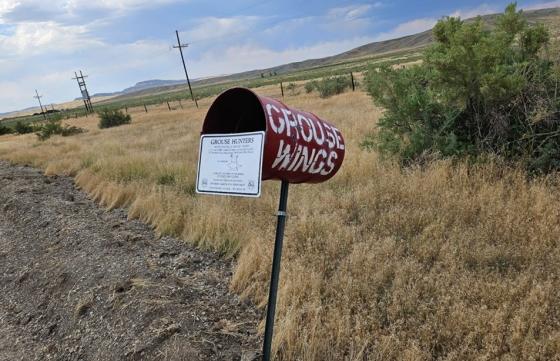 A red metal wing barrel on a t-post along a road