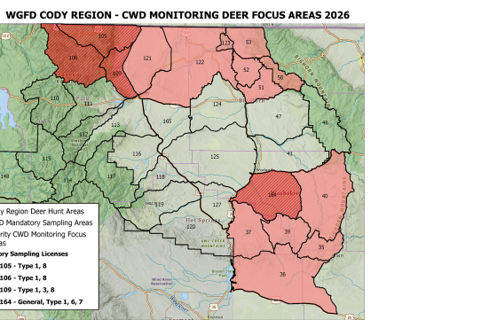 A map depicting hunt areas for deer that are focus areas and mandatory areas for chronic wasting disease sampling. 