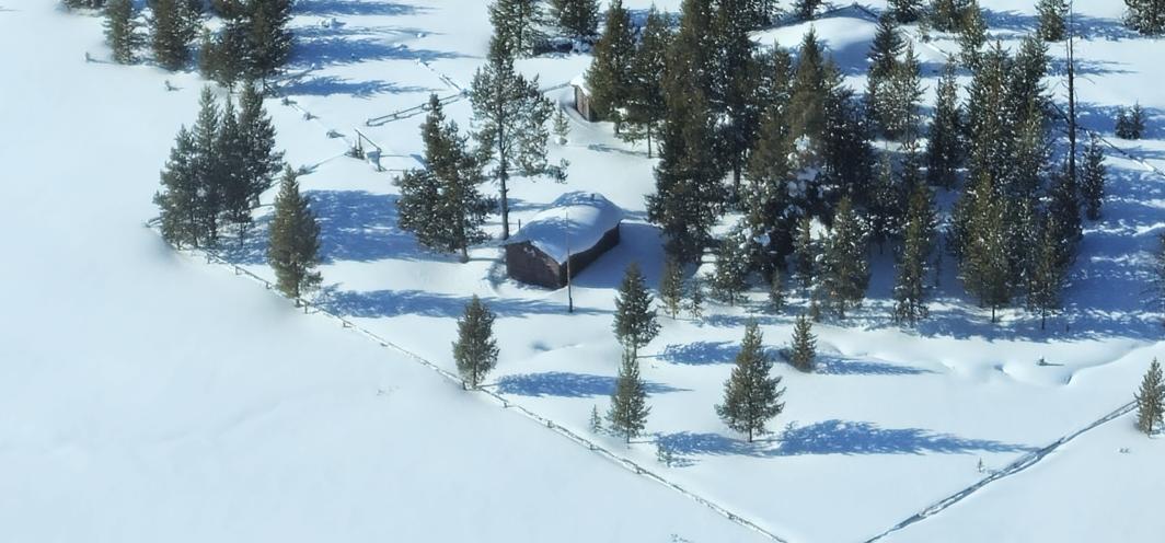 Arial view of the Thorofare patrol cabin, March 2024  